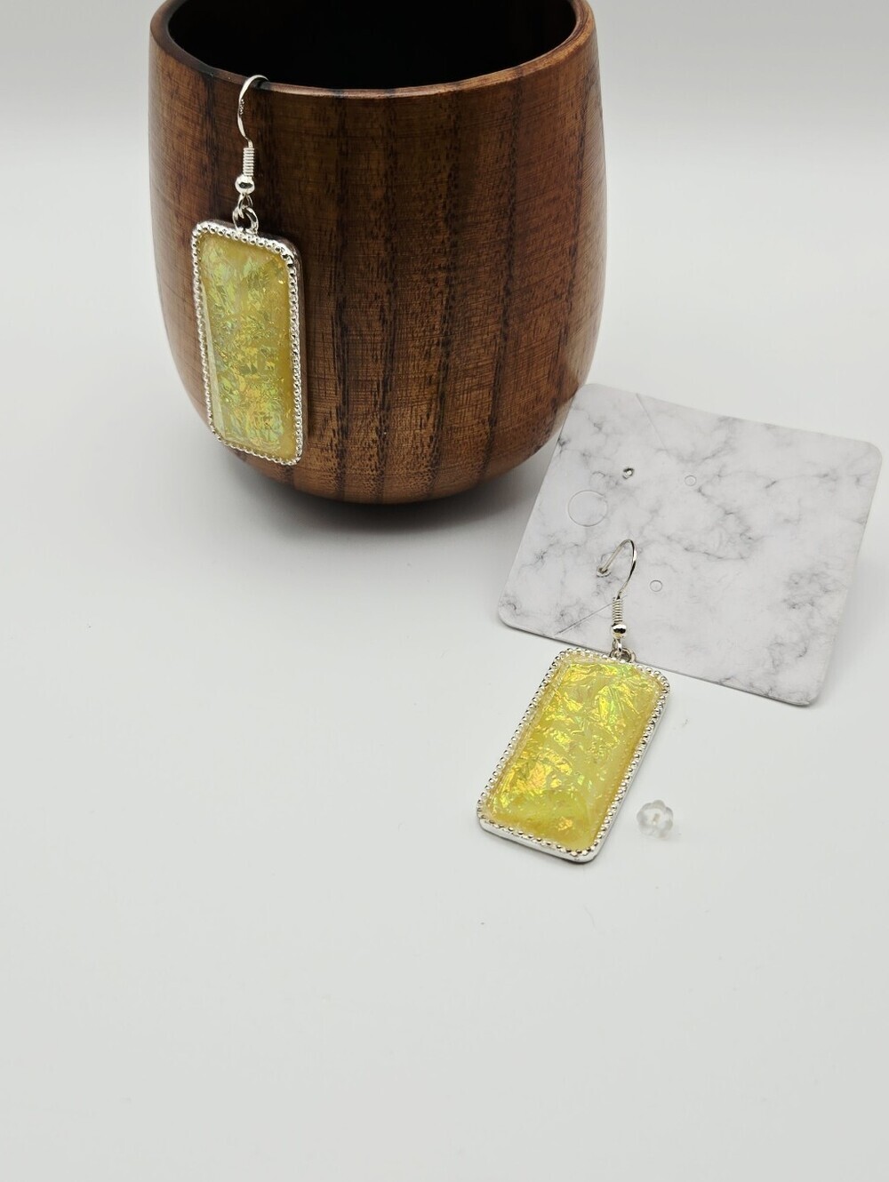 Yellow Iridescent Rectangle Drop Earrings With 925 Stering Hooks - Picture 11 of 14
